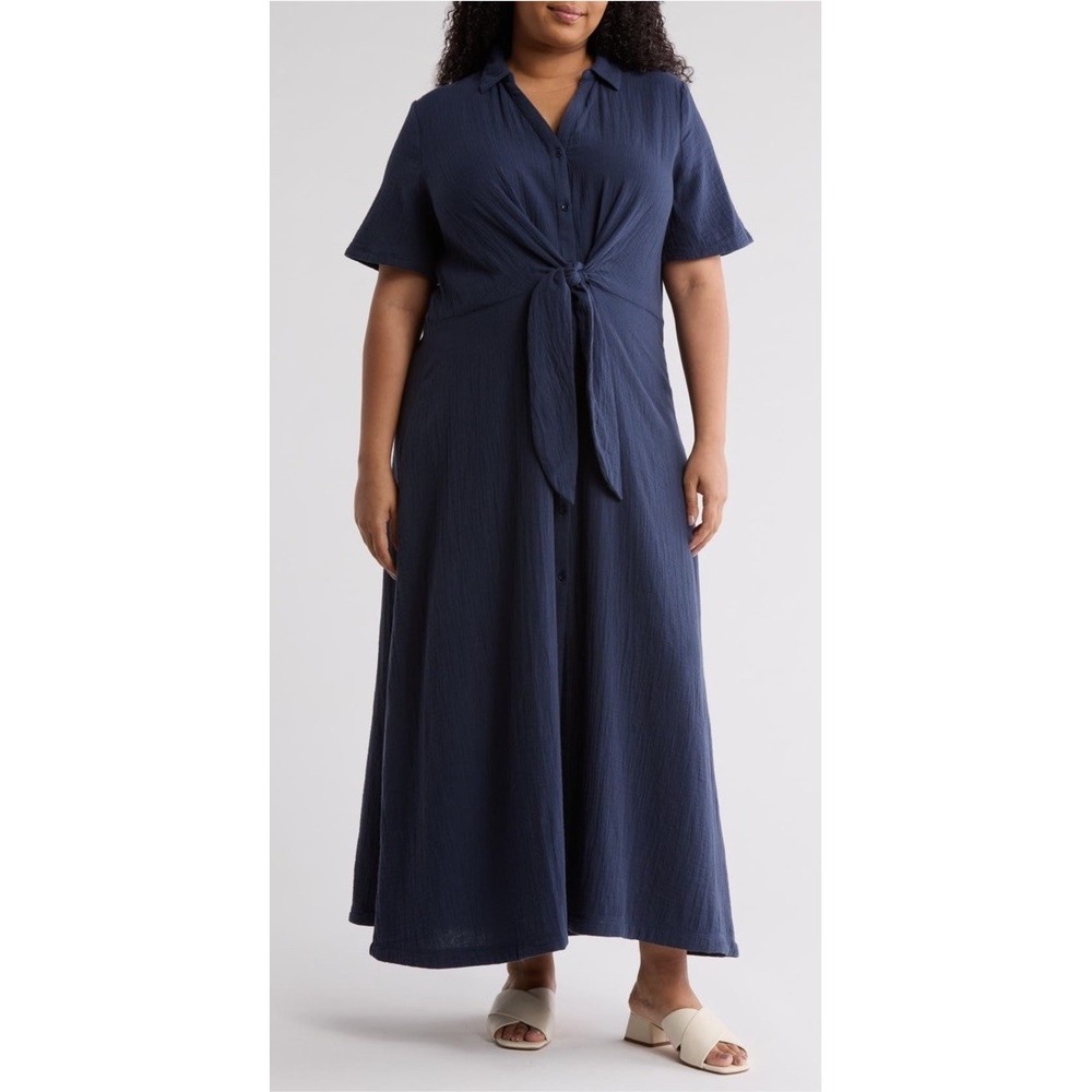 Caslon Cotton Gauze Button Up Tie Front Maxi Dress Navy Sz 4X Plus Coastal NWT